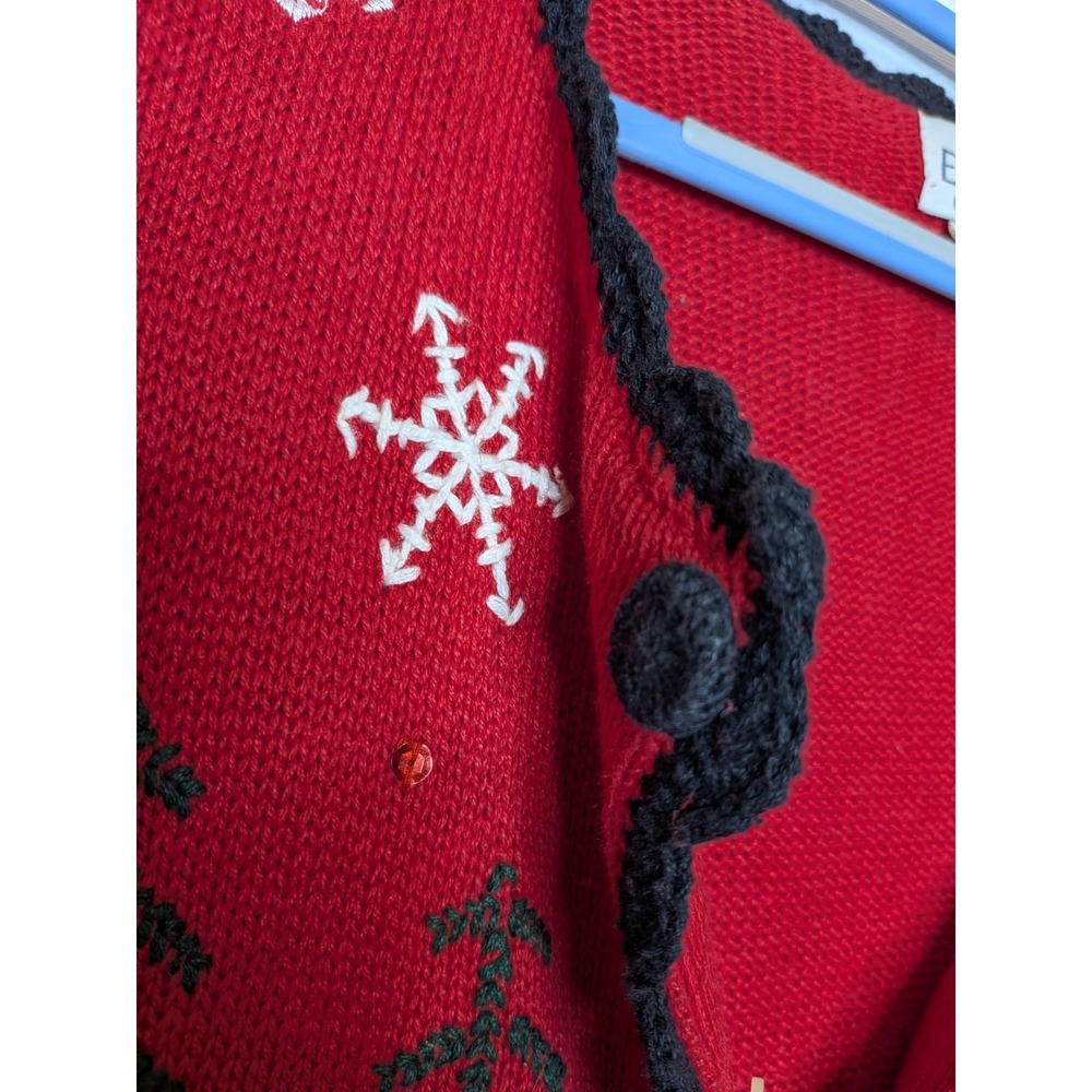 Vtg Granny Core Embroidered Cardigan Sweater Size Large Red Winter Chunky Knit - Picture 9 of 11